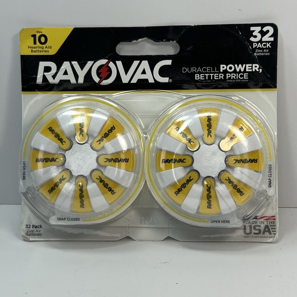 Rayovac Hearing Aid Batteries Size 10 32 Pack Yellow New Sealed Damaged Box